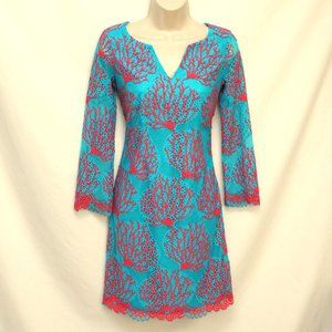 Lily Pulitzer Turquoise & Coral Lace Over Print Dress Size 0 But Taken In
